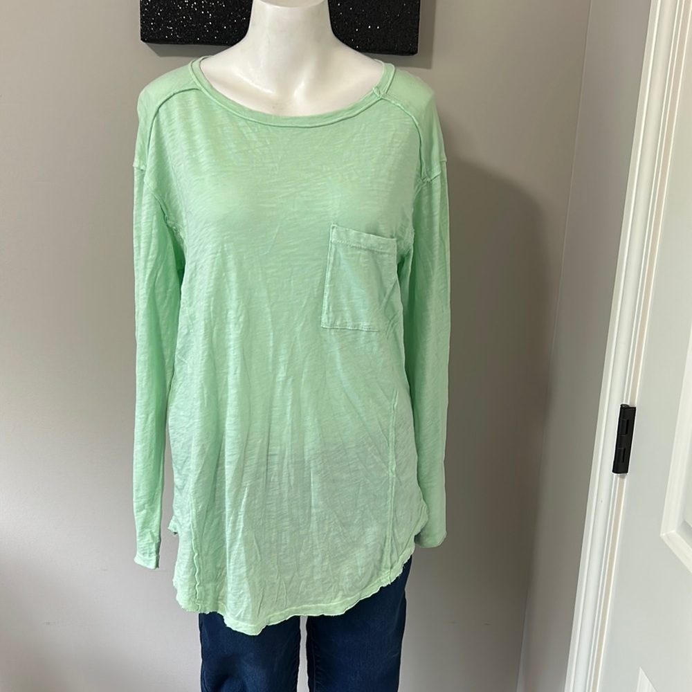 Anthropologie TLa Mint Green Seamed Long Sleeve Pocket Tee Sz S NEW